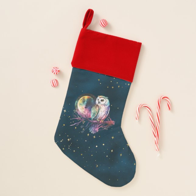 Mystical Rainbow Owl and Full Moon Celestial Christmas Stocking (Front)