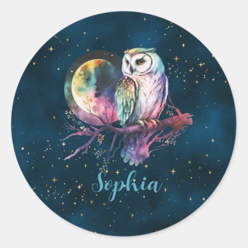 Mystical Rainbow Owl and Full Moon Celestial Classic Round Sticker