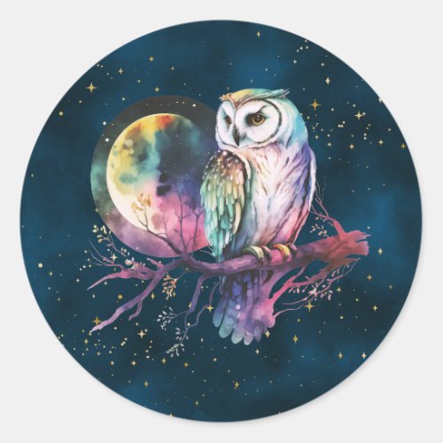 Mystical Rainbow Owl and Full Moon Celestial Classic Round Sticker