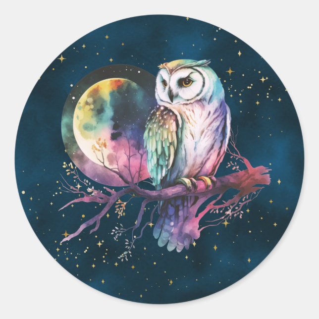 Mystical Rainbow Owl and Full Moon Celestial Classic Round Sticker (Front)