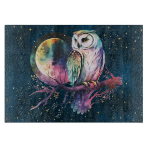 Mystical Rainbow Owl and Full Moon Celestial Cutting Board