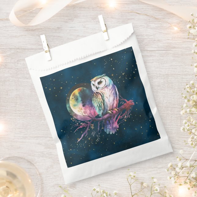 Mystical Rainbow Owl and Full Moon Celestial Favor Bag (Clipped)