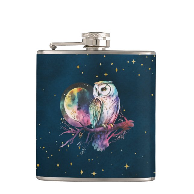 Mystical Rainbow Owl and Full Moon Celestial Flask (Front)