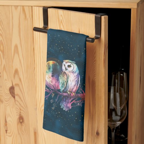 Mystical Rainbow Owl and Full Moon Celestial Kitchen Towel