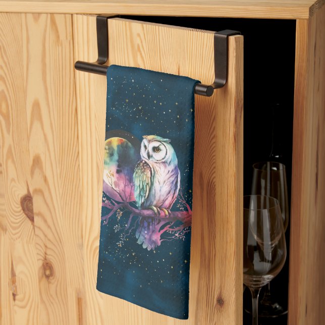Mystical Rainbow Owl and Full Moon Celestial Kitchen Towel (Thirds Fold)