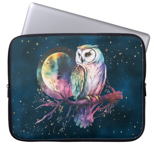 Mystical Rainbow Owl and Full Moon Celestial Laptop Sleeve