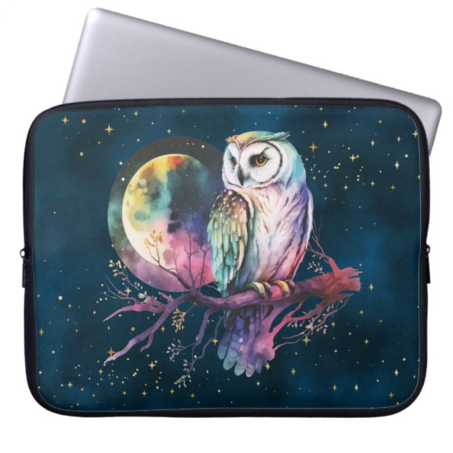 Mystical Rainbow Owl and Full Moon Celestial Laptop Sleeve (Front)