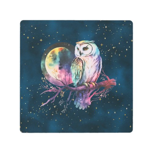 Mystical Rainbow Owl and Full Moon Celestial Metal Print