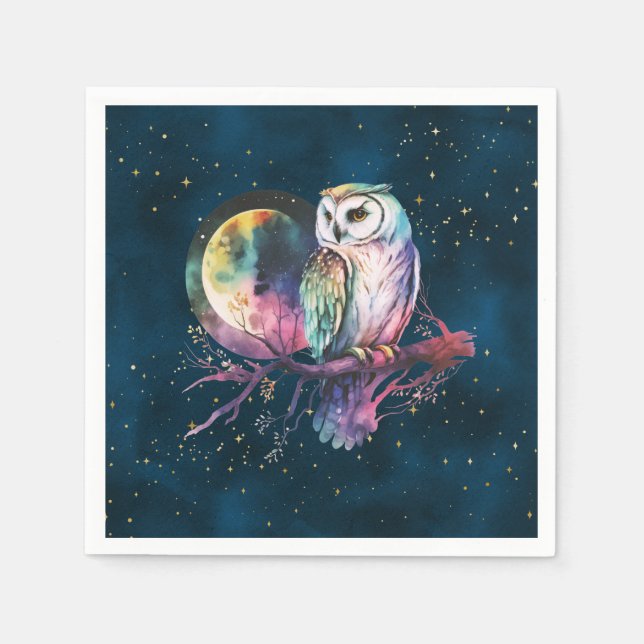 Mystical Rainbow Owl and Full Moon Celestial Napkins (Front)