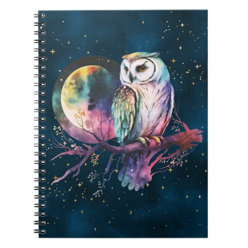 Mystical Rainbow Owl and Full Moon Celestial Notebook