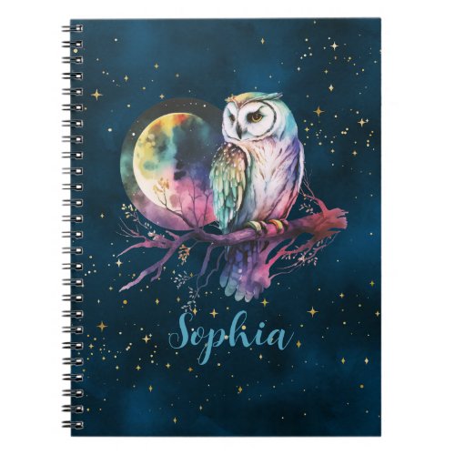 Mystical Rainbow Owl and Full Moon Celestial Notebook