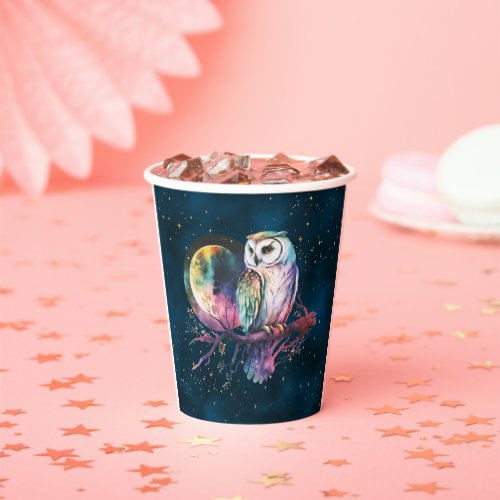 Mystical Rainbow Owl and Full Moon Celestial Paper Cups