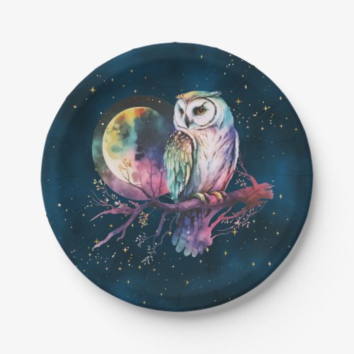Mystical Rainbow Owl and Full Moon Celestial Paper Plates