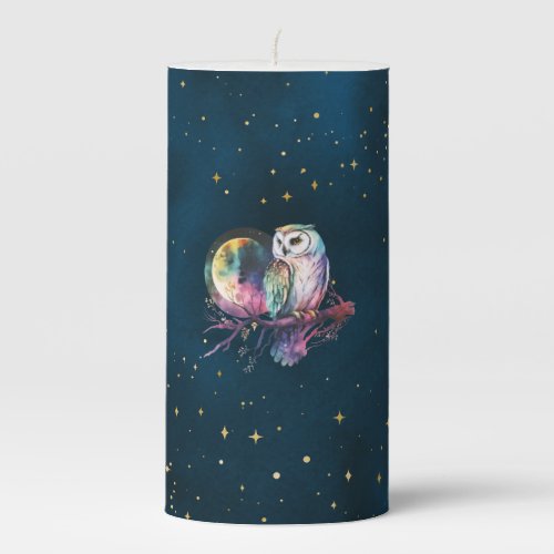 Mystical Rainbow Owl and Full Moon Celestial Pillar Candle