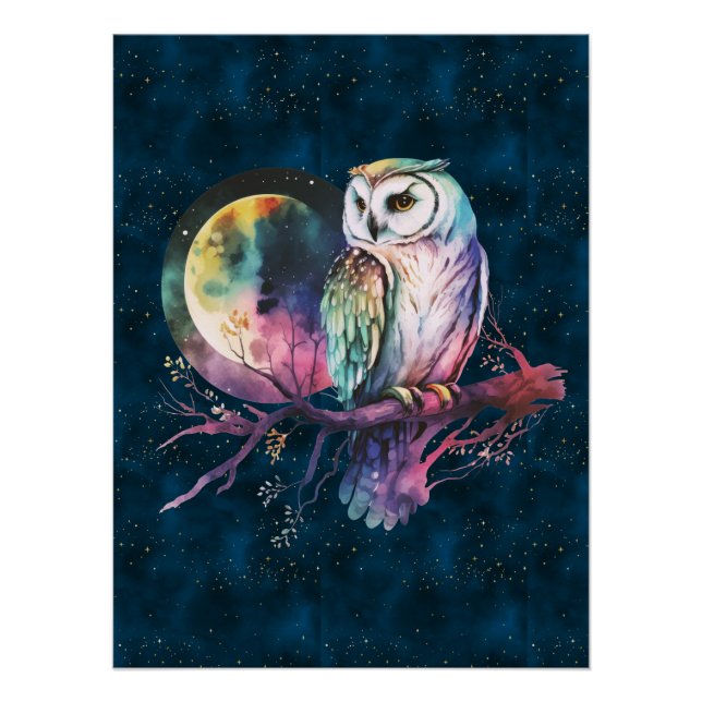 Mystical Rainbow Owl and Full Moon Celestial Poster (Front)