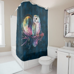 Mystical Rainbow Owl and Full Moon Celestial Shower Curtain