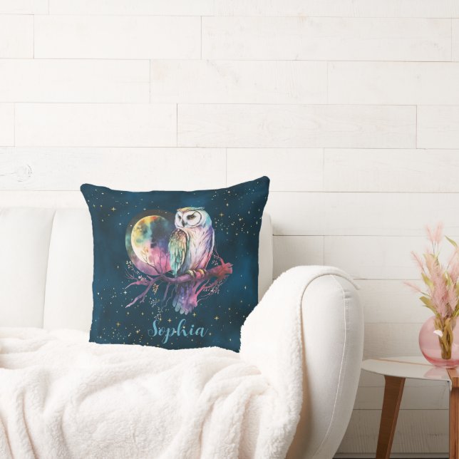 Mystical Rainbow Owl and Full Moon Celestial Throw Pillow (Couch)