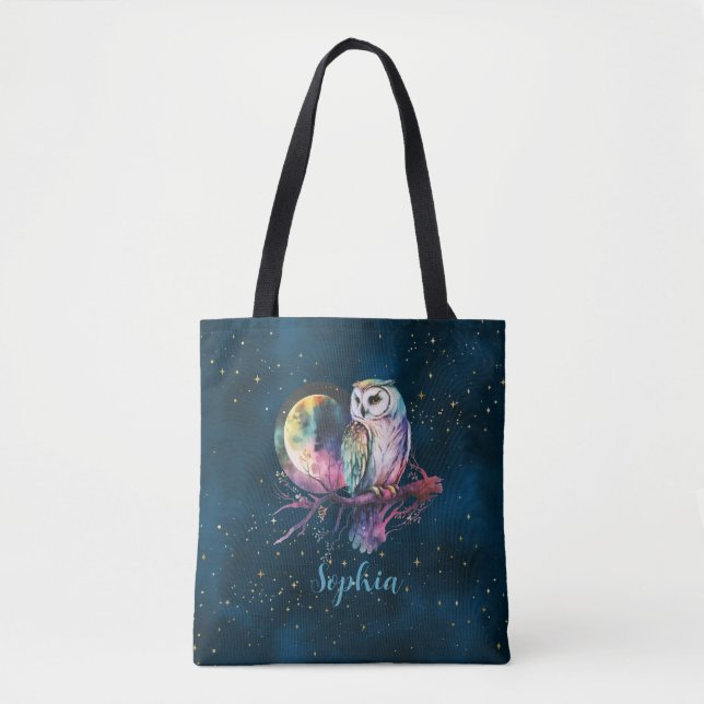 Mystical Rainbow Owl and Full Moon Celestial Tote Bag (Front)