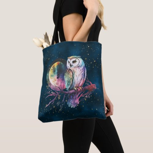 Mystical Rainbow Owl and Full Moon Celestial Tote Bag