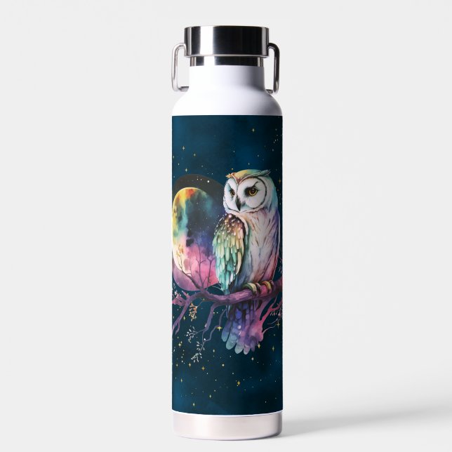 Mystical Rainbow Owl and Full Moon Celestial Water Bottle (Front)