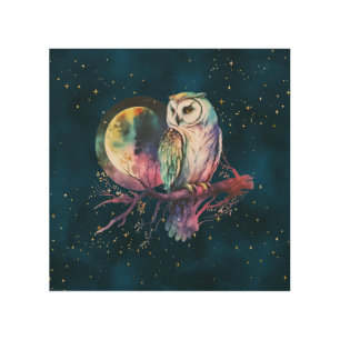 Mystical Rainbow Owl and Full Moon Celestial Wood Wall Art