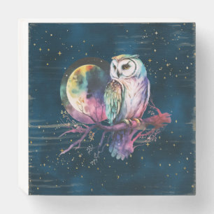 Mystical Rainbow Owl and Full Moon Celestial Wooden Box Sign