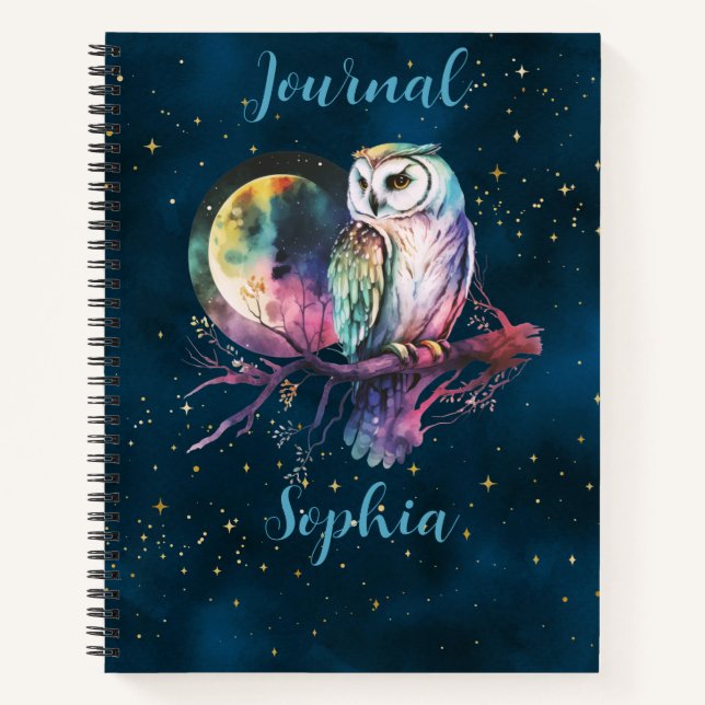 Mystical Rainbow Owl & Full Moon Celestial Journal (Front)