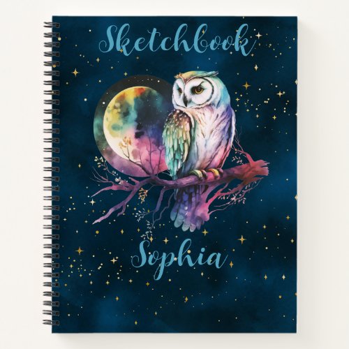 Mystical Rainbow Owl  Full Moon Celestial Sketch Notebook