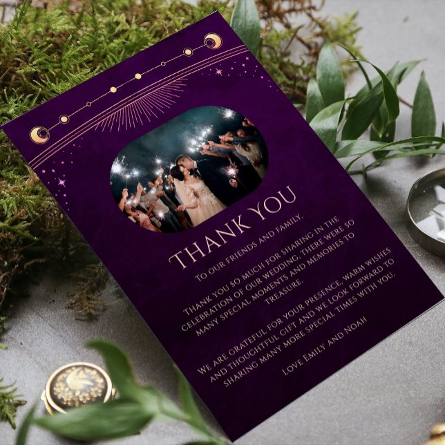Mystical Rainbow Plum Sun Moon Star Photo Wedding Thank You Card (Creator Uploaded)