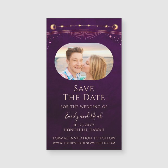 Mystical Rainbow Plum Sun Moon Star Save The Date (Front)