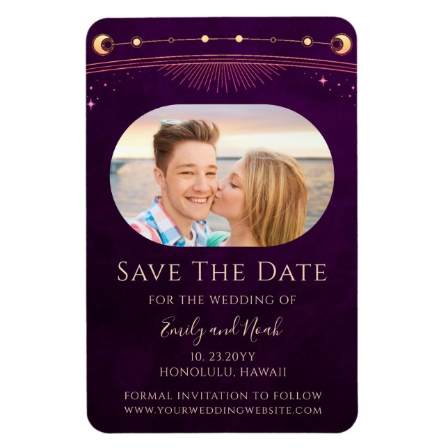 Mystical Rainbow Plum Sun Moon Star Save The Date Magnet (Vertical)