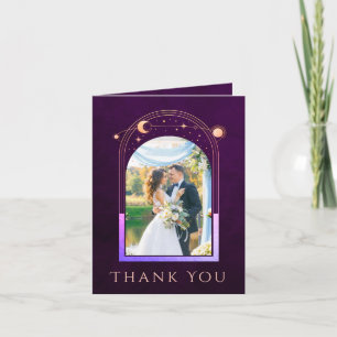 Mystical Rainbow Plum Sun Moon Stars Photo Wedding Letterpress Thank You Card