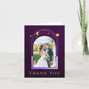 Mystical Rainbow Plum Sun Moon Stars Photo Wedding Letterpress Thank You Card