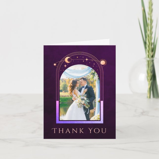 Mystical Rainbow Plum Sun Moon Stars Photo Wedding Thank You Card (Front)