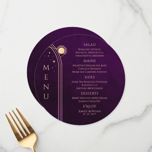 Mystical Rainbow Plum Sun Moon Stars Space Wedding Menu