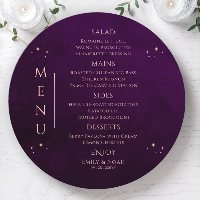 Mystical Rainbow Plum Sun Moon Stars Space Wedding Menu (Creator Uploaded)