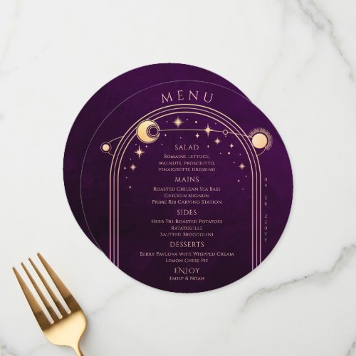 Mystical Rainbow Plum Sun Moon Stars Space Wedding Menu