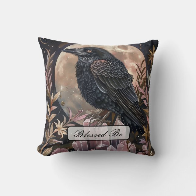Mystical Raven Crystal Throw Pillow (Front)