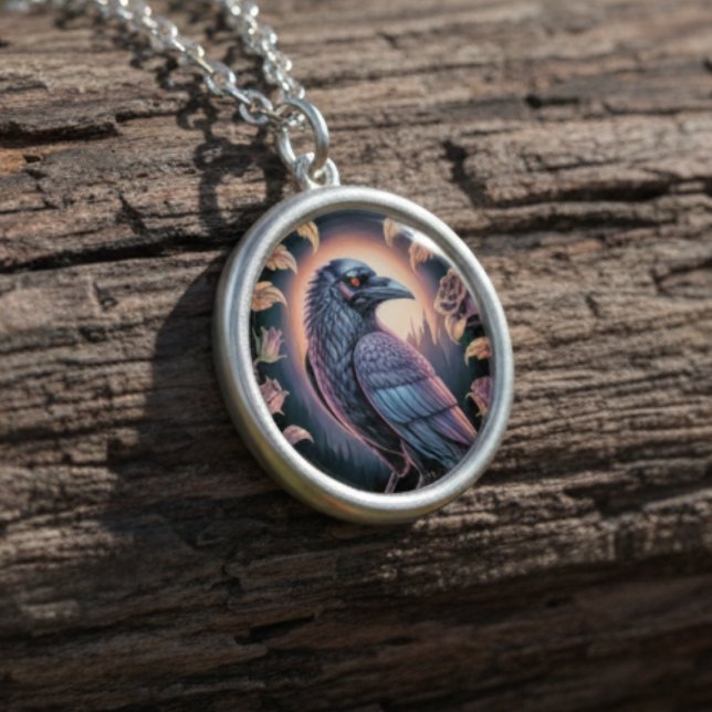 Mystical Raven Dark Academia Statement Silver Plated Necklace (Gothic Black Raven necklace)