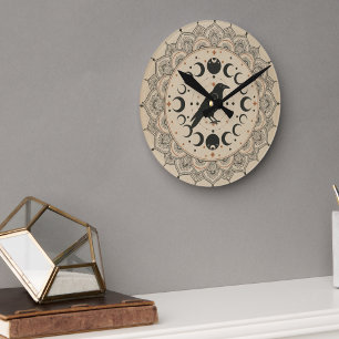 Mystical Raven Moon Phase Mandala Celestial Art Round Clock