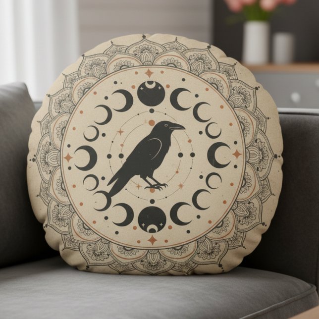 Mystical Raven Moon Phase Mandala Celestial Art Round Pillow (Celestial Raven Pillow)