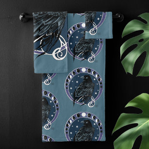Mystical Raven Moon Phases Celestial Night Sky Bath Towel Set