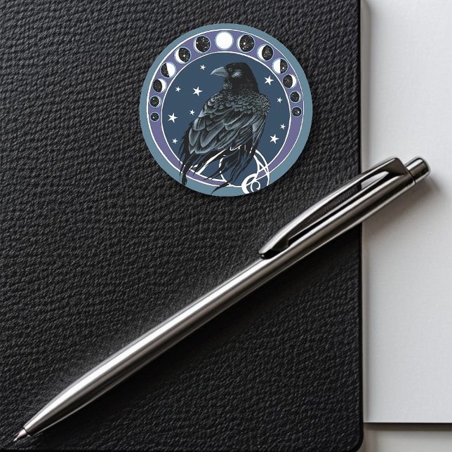 Mystical Raven Moon Phases Celestial Night Sky Classic Round Sticker (Creator Uploaded)