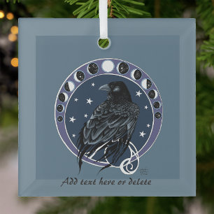Mystical Raven Moon Phases Celestial Night Sky Glass Ornament