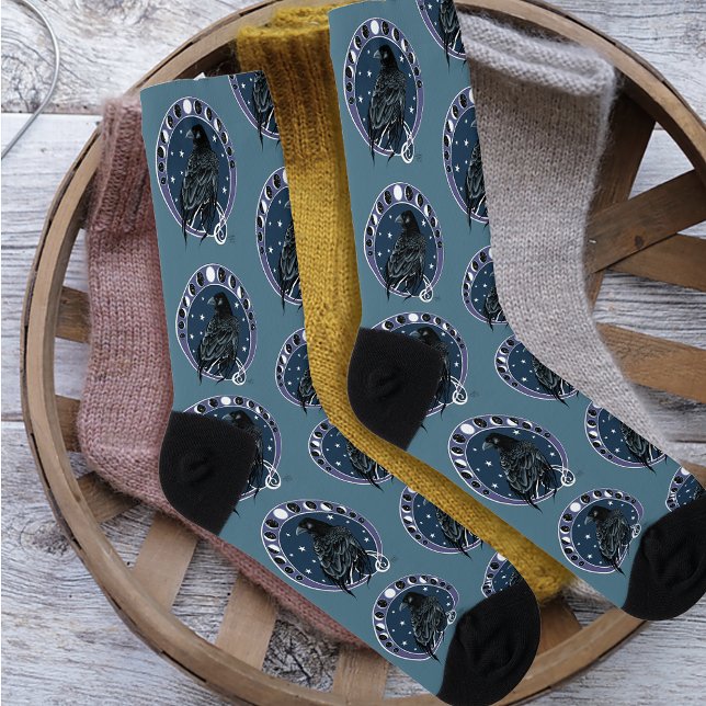 Mystical Raven Moon Phases Celestial Night Sky Socks (Creator Uploaded)