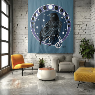 Mystical Raven Moon Phases Celestial Night Sky Tapestry
