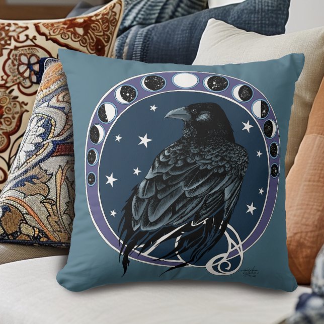 Mystical Raven Moon Phases Celestial Night Sky Throw Pillow (Creator Uploaded)