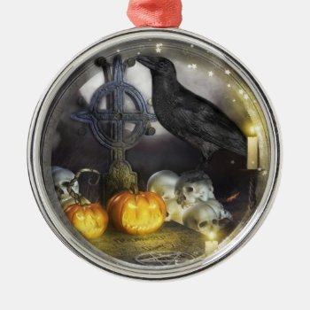 Mystical Raven Silver Framed Round Ornament by xgdesignsnyc at Zazzle