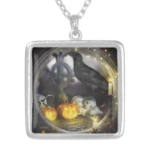 Mystical Raven Silver Square Pendant Necklace