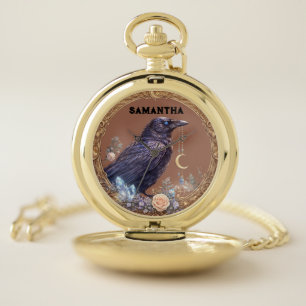 Mystical Raven Unisex Custom Name Pocket Watch